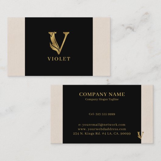 Gold tones letter V floraal decoratief Visitekaartje (Voorkant / Achterkant)