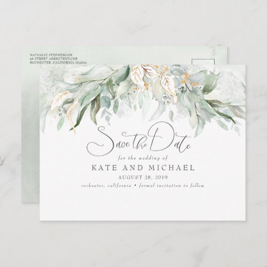 Gold Touch Green Romantisch Sla de datum op Briefkaart (Voorkant / Achterkant)