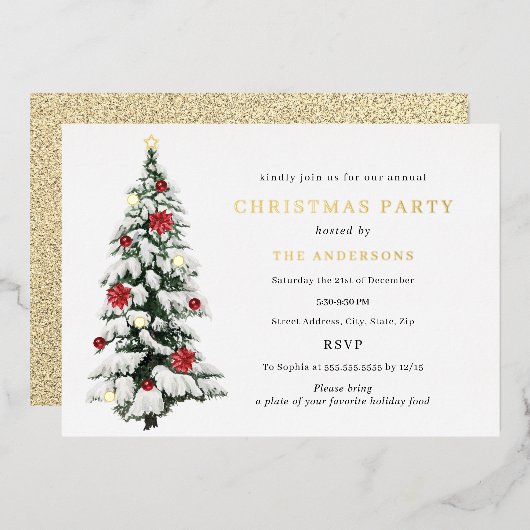 Gold Traditional Waterverf Tree-kerstfeest Folie Uitnodiging (Voorkant / Achterkant)