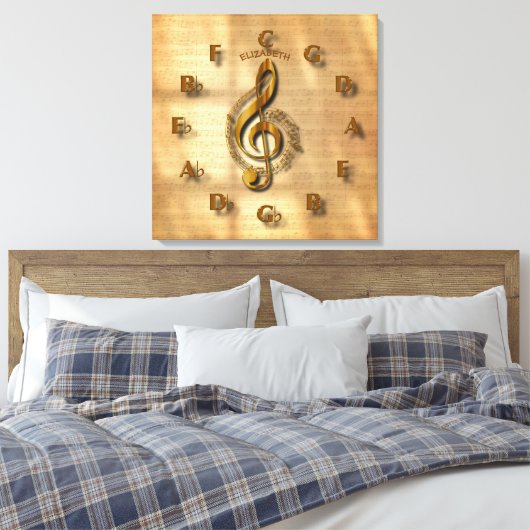 Gold Treble Clef Clock met Circle of Fifths Music Canvas Afdruk (Insitu (Slaapkamer))