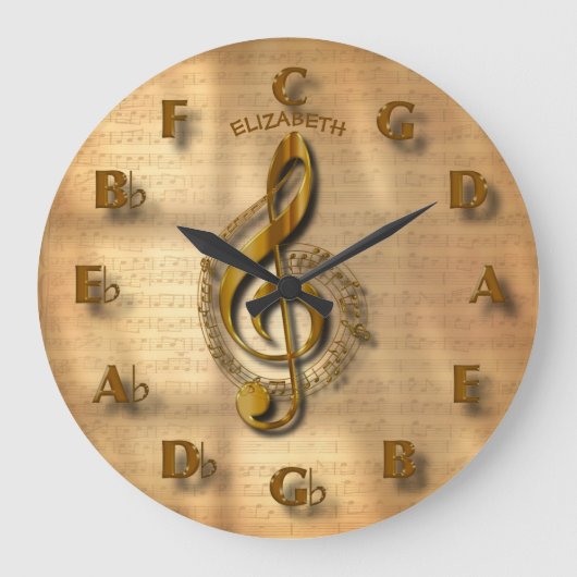 Gold Treble Clef Clock met Circle of Fifths Music Grote Klok (Voorkant)