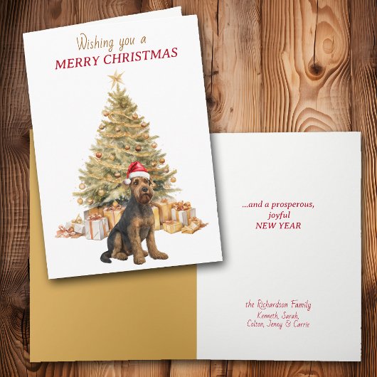 Gold Tree Airedale Terrier Dog Christmas Card Feestdagen Kaart