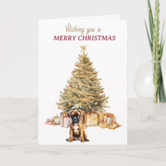 Gold Tree Boxer Puppy Kerst Kaart (Voorkant)