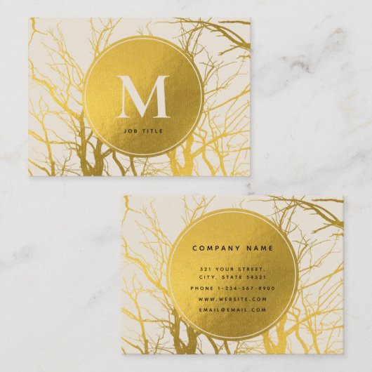 Gold Tree Branches Beige Monogram Professional Visitekaartje (Voorkant / Achterkant)