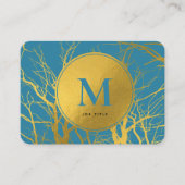 Gold Tree Branches Blue Monogram Professional Visitekaartje (Voorkant)