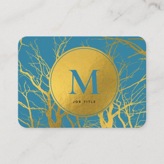 Gold Tree Branches Blue Monogram Professional Visitekaartje (Voorkant)