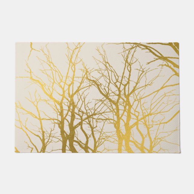 Gold Tree Branches Pattern Beige Background Deurmat (Voorkant)
