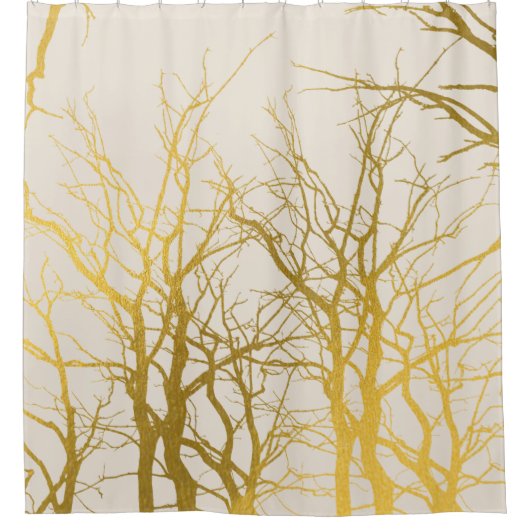 Gold Tree Branches Pattern Beige Background Douchegordijn (Voorkant)