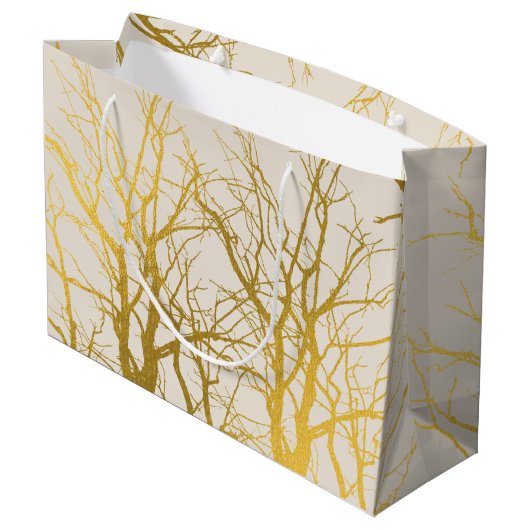 Gold Tree Branches Pattern Beige Background Groot Cadeauzakje (Achterkant Gekanteld)