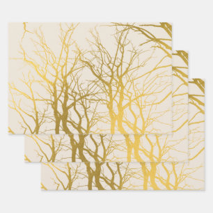 Gold Tree Branches Pattern Beige Background Inpakpapier Vel