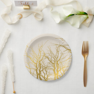 Gold Tree Branches Pattern Beige Background Papieren Bordje