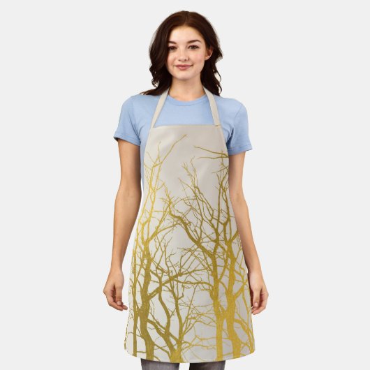 Gold Tree Branches Pattern Beige Background Schort (Gedragen)