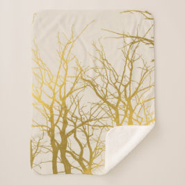 Gold Tree Branches Pattern Beige Background Sherpa Deken