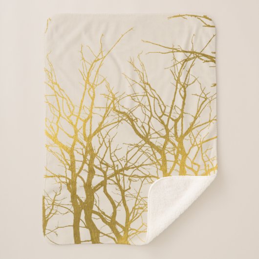 Gold Tree Branches Pattern Beige Background Sherpa Deken (Voorkant)