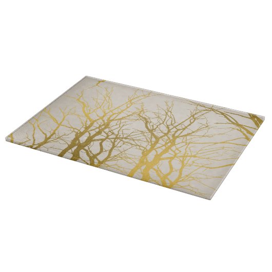 Gold Tree Branches Pattern Beige Background Snijplank (Hoek)