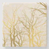 Gold Tree Branches Pattern Beige Background Stenen Onderzetter (Voorkant)