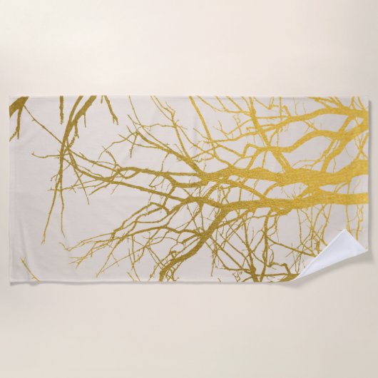 Gold Tree Branches Pattern Beige Background Strandlaken (Voorkant)