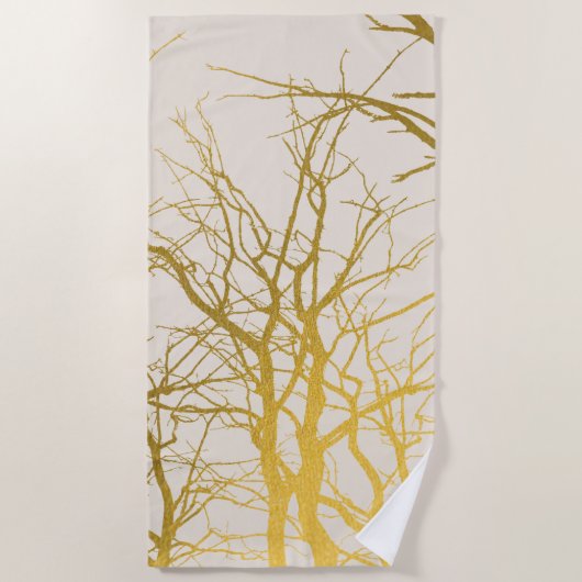 Gold Tree Branches Pattern Beige Background Strandlaken (Voorkant)