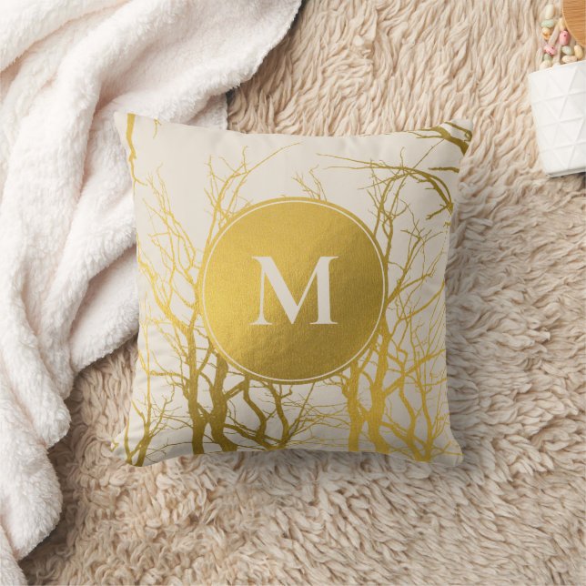 Gold Tree Branches Pattern Beige Monogram Kussen (Deken)