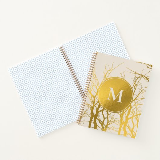 Gold Tree Branches Pattern Beige Monogram Notitieboek (Binnen)