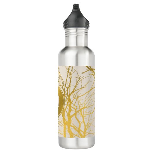 Gold Tree Branches Pattern Beige Monogram Waterfles (Rechts)