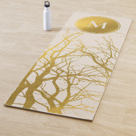 Gold Tree Branches Pattern Beige Monogram Yogamat