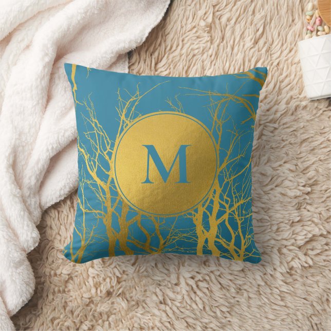 Gold Tree Branches Pattern Blue Monogram Kussen (Deken)