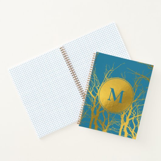 Gold Tree Branches Pattern Blue Monogram Notitieboek (Binnen)