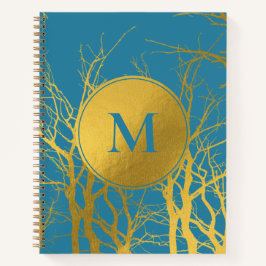 Gold Tree Branches Pattern Blue Monogram Notitieboek