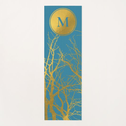 Gold Tree Branches Pattern Blue Monogram Yogamat (Voorkant)