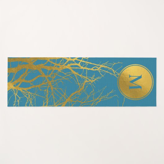 Gold Tree Branches Pattern Blue Monogram Yogamat (Voorkant (horizontaal))