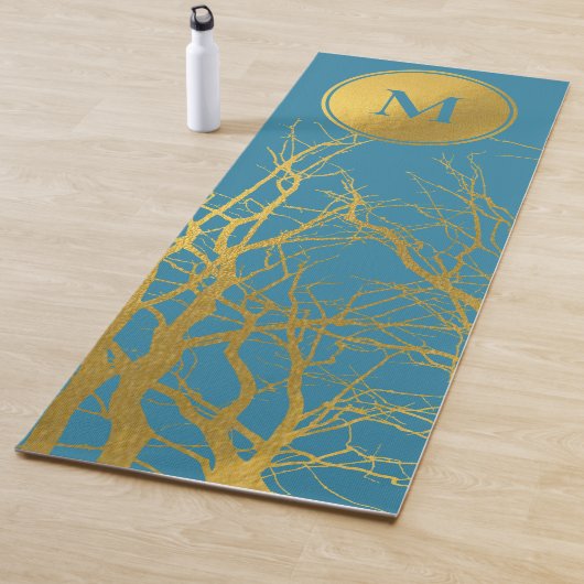 Gold Tree Branches Pattern Blue Monogram Yogamat (In situ)