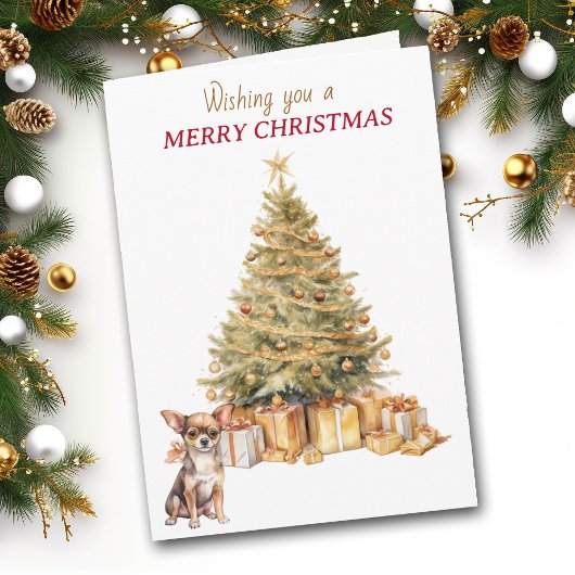 Gold Tree Chihuahua Puppy Dog Christmas Card Feestdagen Kaart