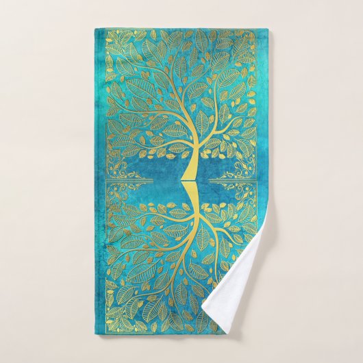 Gold Tree en Leaves Reflection op Turquoise Blue Bad Handdoek (Handdoek)