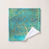 Gold Tree en Leaves Reflection op Turquoise Blue Bad Handdoek (Wasdoekje)