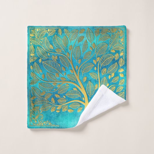 Gold Tree en Leaves Reflection op Turquoise Blue Bad Handdoek (Wasdoekje)