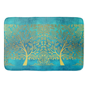 Gold Tree en Leaves Reflection op Turquoise Blue  Badmat