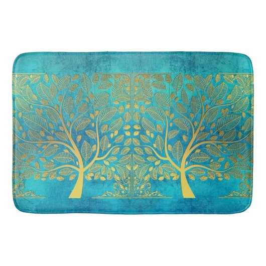 Gold Tree en Leaves Reflection op Turquoise Blue Badmat (Voorkant)