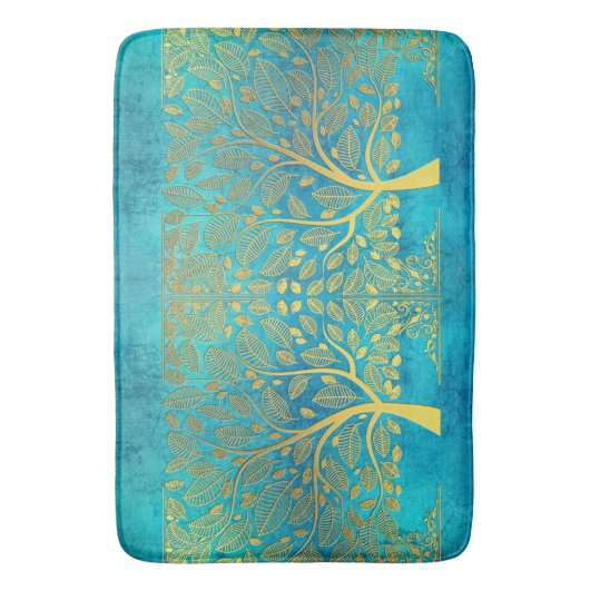 Gold Tree en Leaves Reflection op Turquoise Blue Badmat (Voorkant Verticaal)