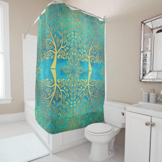 Gold Tree en Leaves Reflection op Turquoise Blue Douchegordijn (In situ)