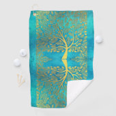 Gold Tree en Leaves Reflection op Turquoise Blue Golfhanddoek (Insitu)