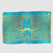 Gold Tree en Leaves Reflection op Turquoise Blue Golfhanddoek (Horizontaal)