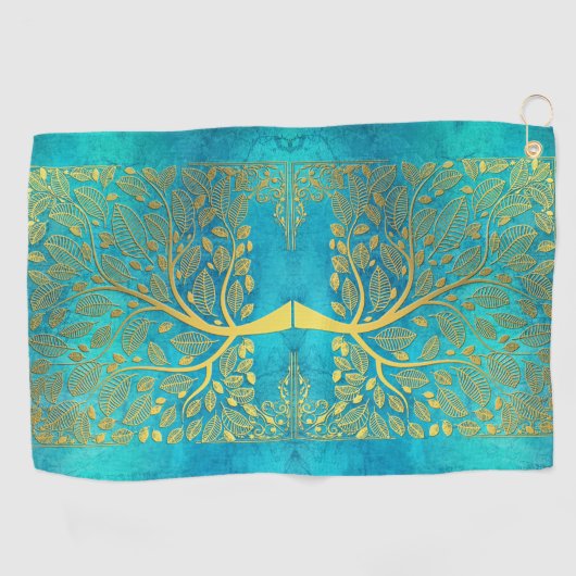 Gold Tree en Leaves Reflection op Turquoise Blue Golfhanddoek (Horizontaal)