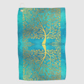 Gold Tree en Leaves Reflection op Turquoise Blue Golfhanddoek (Voorkant)