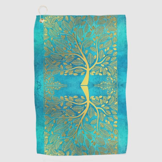 Gold Tree en Leaves Reflection op Turquoise Blue Golfhanddoek (Voorkant)