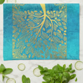 Gold Tree en Leaves Reflection op Turquoise Blue Theedoek (Gevouwen)