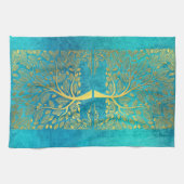 Gold Tree en Leaves Reflection op Turquoise Blue Theedoek (Horizontaal)