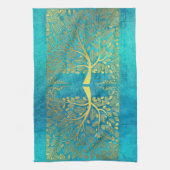 Gold Tree en Leaves Reflection op Turquoise Blue Theedoek (Verticaal)