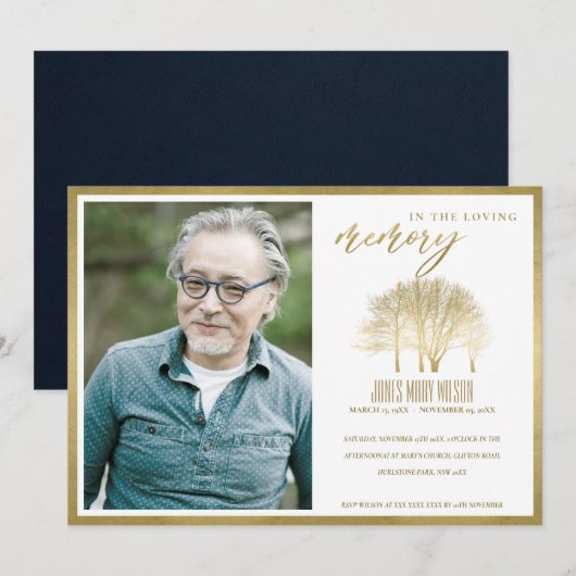 GOLD TREE FOTO SYMPATHY MEMORIAL SERVICE INVITE BEDANKKAART (Voorkant / Achterkant)