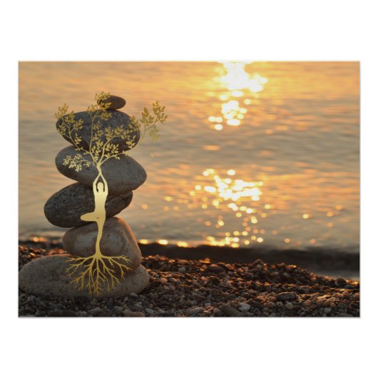 Gold Tree Girl Silhouette Zen Stones, Sunset, Beac Perfect Poster (Voorkant)